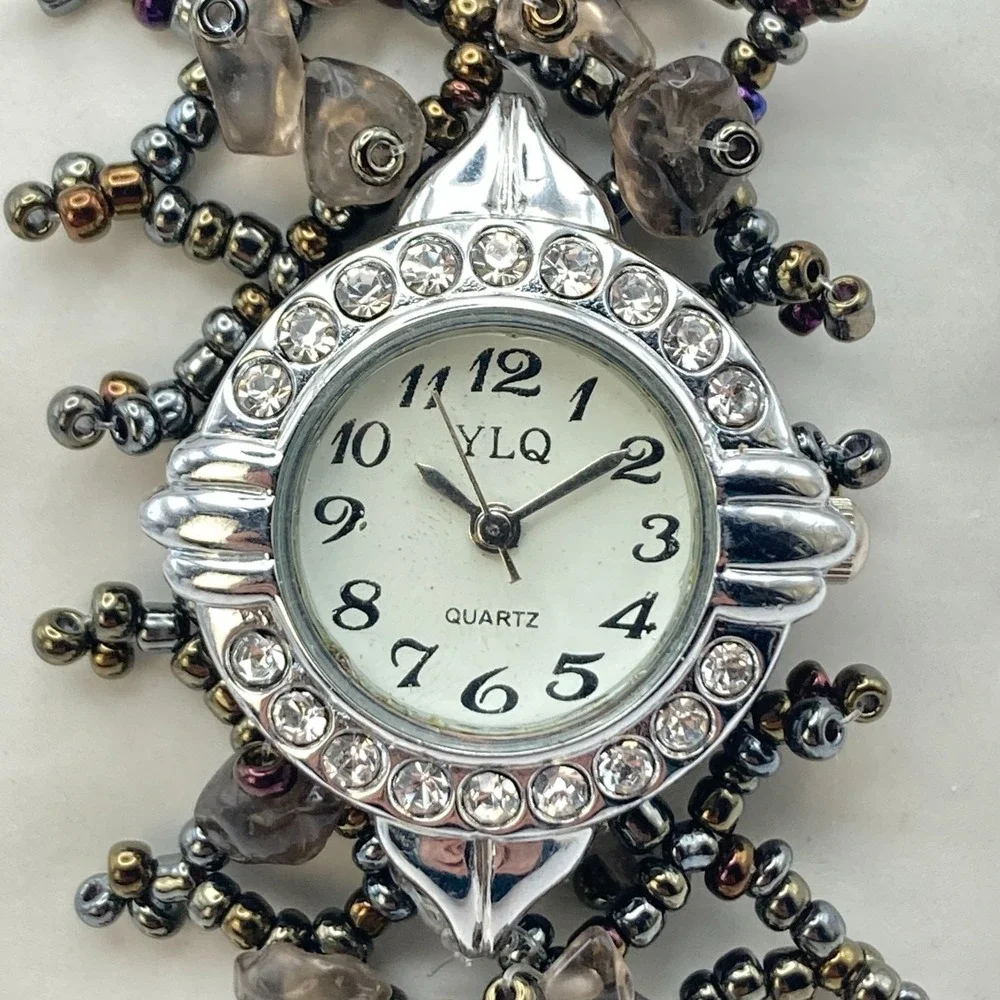Artisan Womens Watch Beaded Gemstone Silver Tone Crystals New Battery 7.25